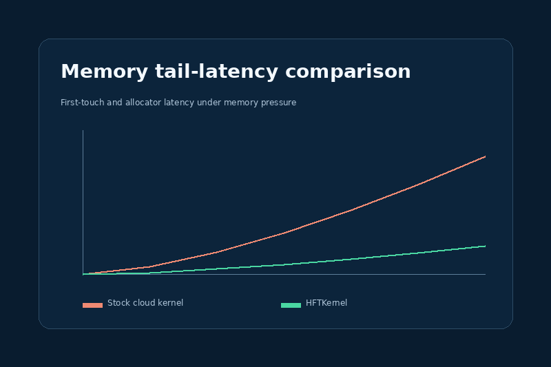 Placeholder chart comparing memjitter first-touch and allocator tail latency between a stock cloud kernel and HFTKernel.